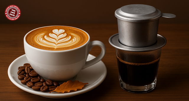 Cappuccino từ cà phê hạt Arabica và ly cà phê phin Robusta đậm vị